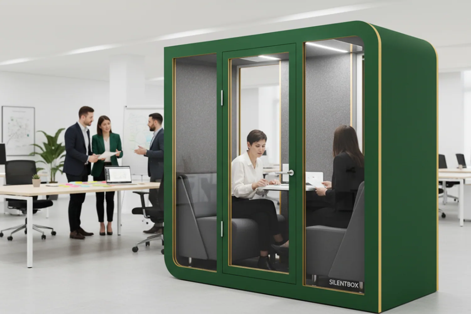 Zielony boks akustyczny Silentbox Duet Premium w open space