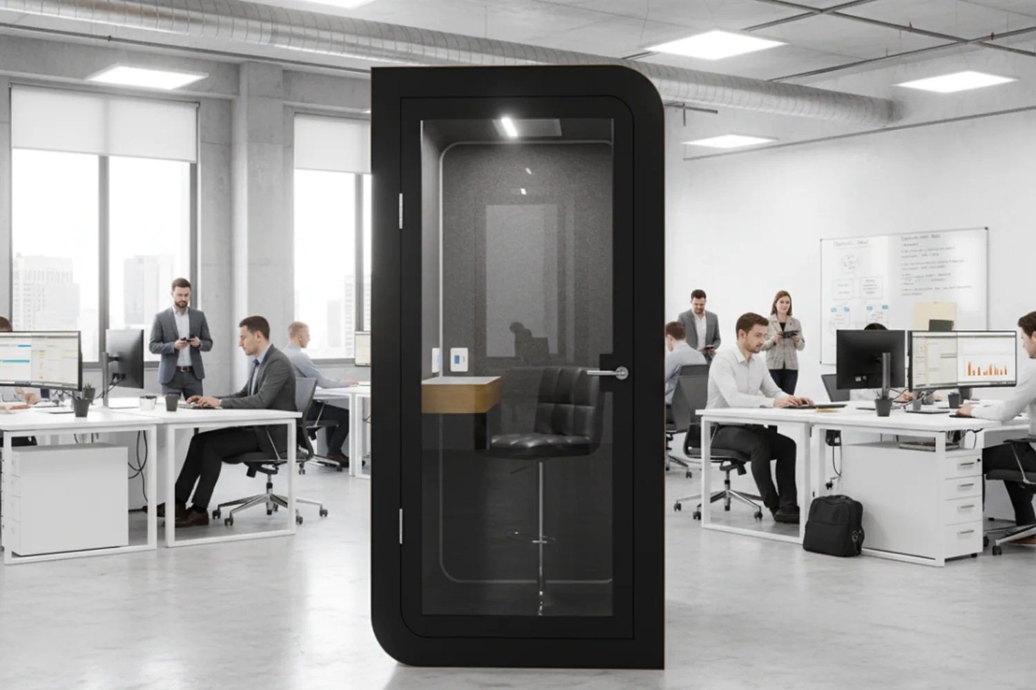 Czarny Silentbox Solo Premium w open space z zespołem przy biurkach