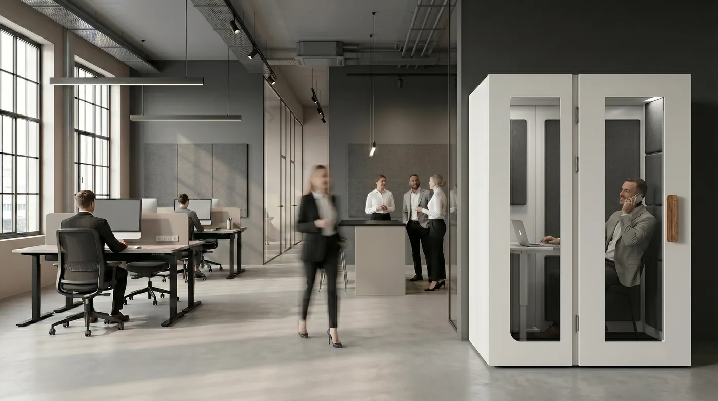 Boksy Silentbox w industrialnym open space
